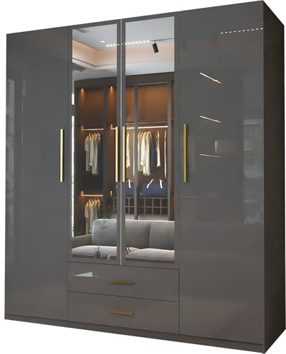 MN Furniture Swiss High Gloss 4 Door Mirror Wardrobe with Drawers & Shelves (Grey)