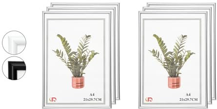 MARCOFOTO Set de 6 Marcos de Fotos A4 (21x29,7 cm) – Marcos de PVC Plateado con Cristal – Ideal para Documentos, Diplomas, Cuadros o Fotos – Uso Vertical u Horizontal en Pared