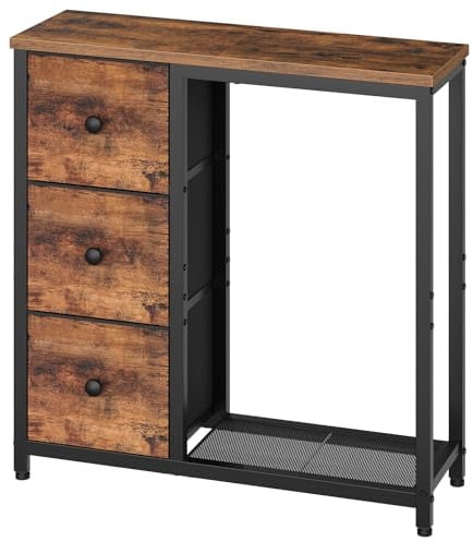 YATINEY Tavolo Consolle Ingresso Stretto con 3 Cassetti in Tessuto, Tavolo da Divano con 2 Ripiani Portaoggetti, Tavolo Console Industriale per Ingresso, Soggiorno, Corridoio, Marrone Vintage XCT13BR