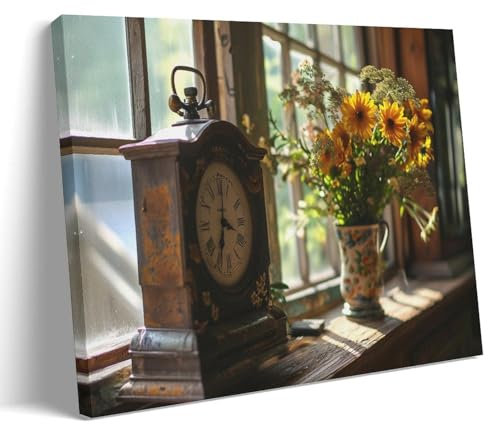 GMUKIFFY Rustic Bouquet Painting on Canvas Wall Art Old Window Vase Flowers Stretched And Framed Canvas Prints Artwork for Home Decorations Ready to Hang Wall Decor 20x30inch(50x75cm)
