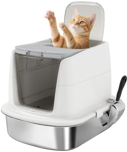 PawHut Lettiera per Gatti Chiusa Acciaio Inox con Pareti Alte Bianco | Ribaltabile, Toilette per Gatti, Doppia Porta, Paletta, Antiperdita, Antiodore, Facile da Pulire, 52.4x41.3x39.8 cm