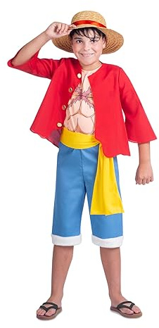 My Other Me Déguisement Luffy pour enfant en rouge et bleu avec chapeau, veste, t-shirt, ceinture et pantalon, taille 10-12 ans. Partez pour la grande aventure pirate