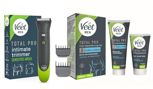 Veet Men Intimate Trimmer + Intim-Haarentfernungsset – Bundle für Männer mit Enthaarungscreme & Pflegebalsam – Intimrasierer & Pflege in einem