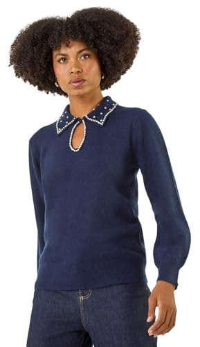 Roman Originals Faux Pearl Collared Keyhole Knit Jumper for Women UK - Ladies Everyday Autumn Winter Comfy Soft Evening Vacation Work Party Night Out