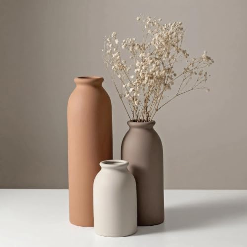 Lot de 3 vases modernes en céramique mate - En forme de bouteille - Vase décoratif minimaliste pour salon (couleurs chaudes)
