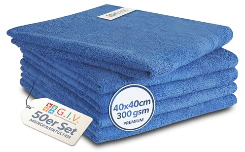G.I.V. 50er Premium Microfasertücher Blau 40x40cm 300gsm - Reinigungstücher hygienisch, fusselfrei & saugstark - blaue Putztücher ideal für Möbel, Türen, Büro & Haushalt - 4-Farb-System Lappen