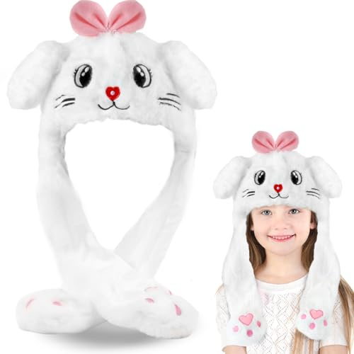 dellyy Hasenohren Hut, Kaninchenhut, Beweglicher Ohr Kaninchen Hut, Mütze Mit Wackelohren, Plüsch-Hasen-Ohr-Hut, Mütze mit Beweglichen Ohren für, Weihnachtsfeier Fasching, Karneval (Weiße Katze)