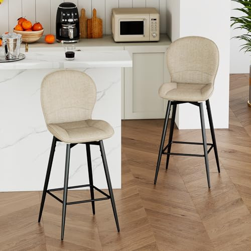 LEWE Juego de 2 Taburetes Altos de Bar, 75 cm Altura del Asiento, Giratorio 360° Sillas Altas de Cocina con Respaldo Acolchado de Tela, Metálica Reposapiés, para Bar, Comedor, Salón-Caqui