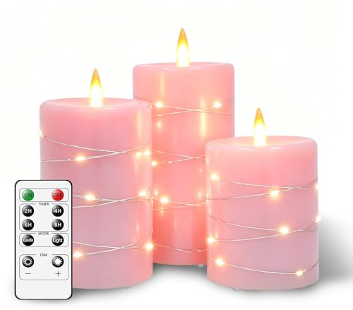 WoPall LED-Kerzen Set mit 3 Stück, flammenlos flackernd, wiederaufladbar | Echtwachs LED-Kerzen mit Fernbedienung und Timer, langer Akkulaufzeit, für Hochzeit, Party & Wohndekoration Rosa