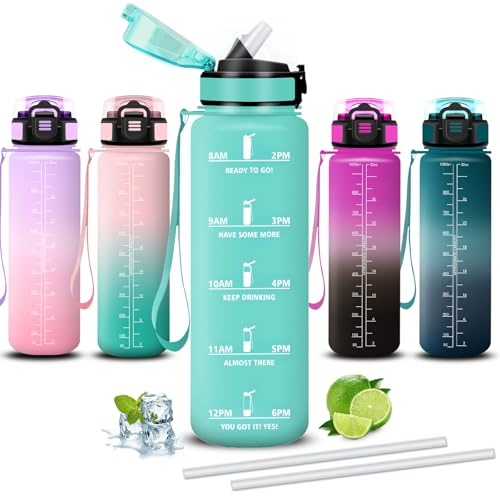 Mujigaga Borraccia 1 litro, Borraccia con Cannuccia, Senza Perdite, Borraccie Motivazionale, Bocca Larga, Borraccie Trekking, Con Slogan Motivazionale, Water Bottle per Fitness, Spiaggia, Yoga