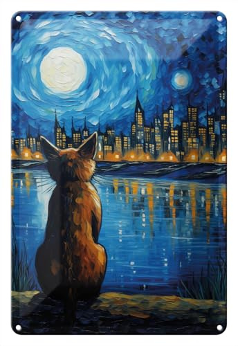 Wallario Blechschild Wandbild aus Metall Katze im Mondschein - 20 x 30 cm in Premium-Qualität: Brillante Farben