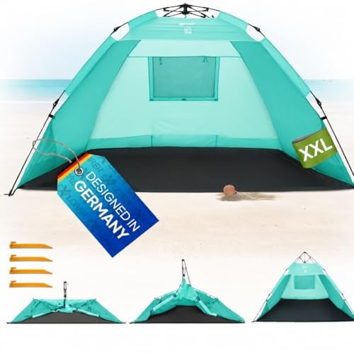 EXPLORER XXL Automatik Strandmuschel mit UV Schutz 80+ [220x150x130cm] kleines Packmaß leicht und schnell in Sekunden aufgebautes Strandzelt Sonnenschutz Muschel automatisch Windschutz Mint