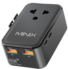 MINIX Adaptador Enchufe Universal 45W,Cargador Universal GAN III 5P, Enchufe Internacional EU US UK AU,Cargador PD Delgado Carga Rápida (1CA, 2 USB-C, 2 USB-A) Viajes Negocios, No Convertidor Voltaje