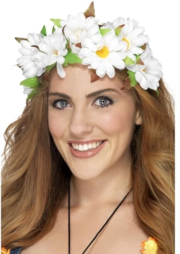 Smiffys Blumiger Gänseblümchen-Haarkranz, Weiß, mit Etikett