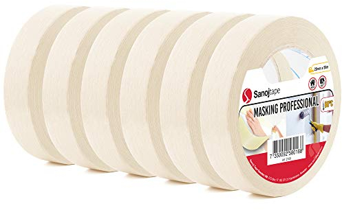 Cintas Adhesivas de Carrocería Uso General de 25mm x 50m (Paquete de 6) Para Trabajos Decorativos y de Protección de Pintura en Interiores de Sanojtape