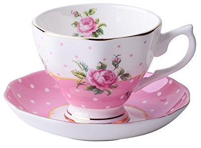 Gift Set Vintage Fine Bone China Tea Cup Spoon and Saucer Set Gold Trim Fine Dining and Table Décor (Wave Rose Pink)