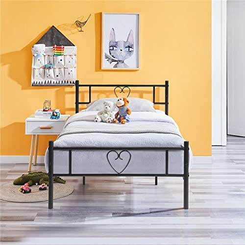 EGGREE Einzelbett Metallbett Einzel Bett Metall Bettgestell mit Lattenrost für Gästezimmer Schlafzimmer Bett In Schwarz Herz Symbol Muster 90 x 190cm