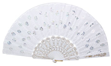 Accessotech Spanish Lace Silk Folding Hand Held Dance Fan Flower Pattern for Party Wedding (White)