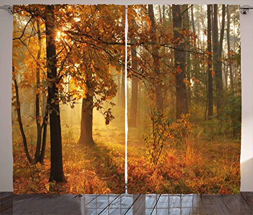 ABAKUHAUS Herbst Rustikaler Gardine, Misty Herbstwald, Schlafzimmer Kräuselband Vorhang mit Schlaufen und Haken, 280 x 225 cm, Orange Braun