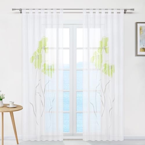 ESLIR Gardinen Vorhänge Gardinenschals Transparent Schlaufenschal mit Blumen Druck Grün BxH 150x175cm 1 Stück