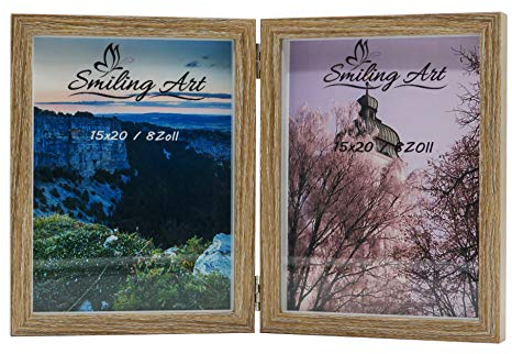 Smiling Art Bilderrahmen für 2 Fotos aus MDF Holz mit Glasscheibe, klappbarer Bilderrahmen, Doppelrahmen (Braun, 2x15x20 cm)