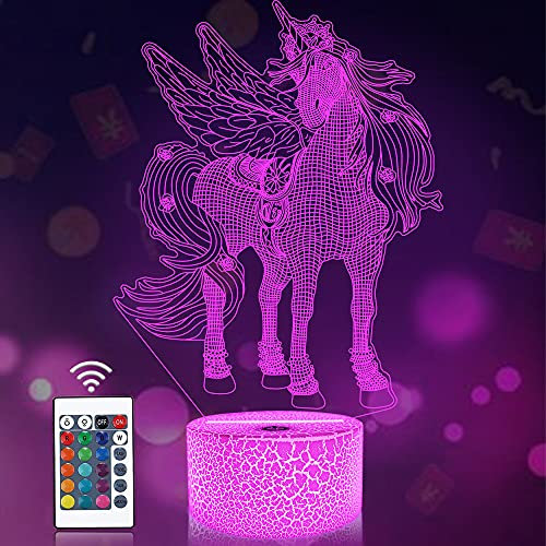 CooPark Unicorn 3D Night Light, LED Hologram Laser Bedside Lamp Special Birthday Gifts for Baby Toddler Room, Best Home Decor with Remote Control 16 Color Changing