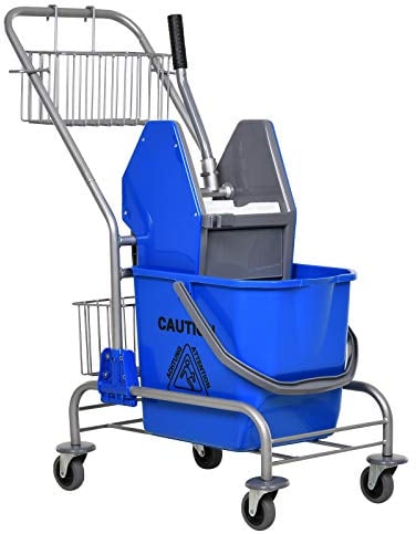 HOMCOM Cubo de Fregona 26 L Cubo Fregado Comercial con Escurridor de Presión hacia Abajo Ruedas y Cestas de Almacenamiento 73x45x95 cm Azul