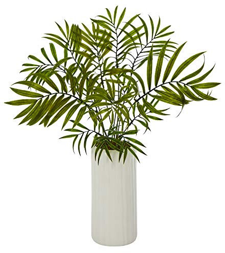 Nearly Natural 18in. Mini Areca Palm Artificial Plant in White Planter, Green