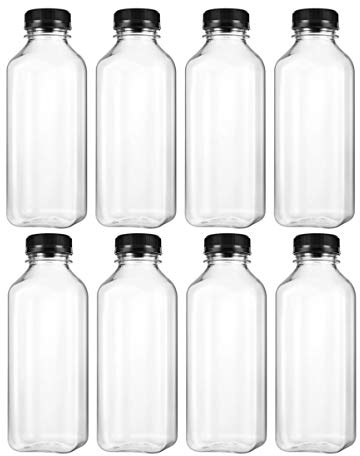 Kisangel 8Pcs Plastic Juice Bottles 500ml Reusable Clear Beverage Bottles with Black Tamper Evident Caps Lid for Milk Drinking Water Syrup Smoothie Dispenser