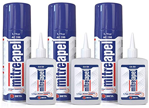 MITREAPEL Set Istantaneo con Spray Attivatore (3 x 200 ml) e Super CA (3 x 50 gr) – per Legno, Plastica, Metallo, Pelle, Ceramica