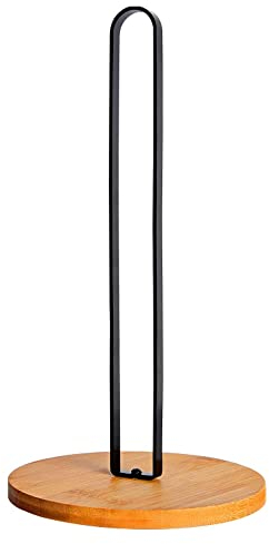 Tonale Black Kitchen Roll Holder, Standing Stainless Steel with Round Non-Slip Base Made of Wood, Kitchen and Dining Table Worktop Paper Roll Holder for All Standard Kitchen Rolls