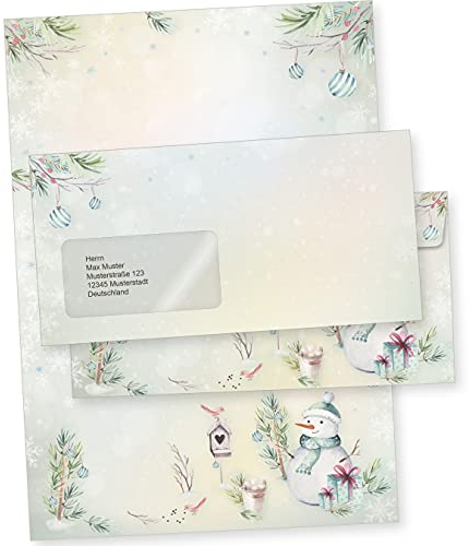 Flöckchen 100 Sets Weihnachtsbriefpapier mit Fensterumschlag, Briefpapier Weihnachten A4 mit Umschlag mit Fenster