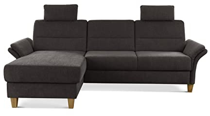 CAVADORE Eckcouch Wyk mit Federkern / Ecksofa im Landhaus-Stil mit Longchair, 2 Kopfstützen + Holzfüßen / 252 x 90 x 162 / Chenille, Braun