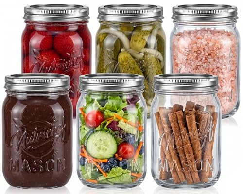 Nutrichef Pots Mason avec Couvercles - Pots DIY de 16 Oz avec Couvercles Hermétiques et Banderoles - Idéal pour la Préparation de Repas, Flocons d'Avoine, Confiture, Miel, Bougies, Bricolage