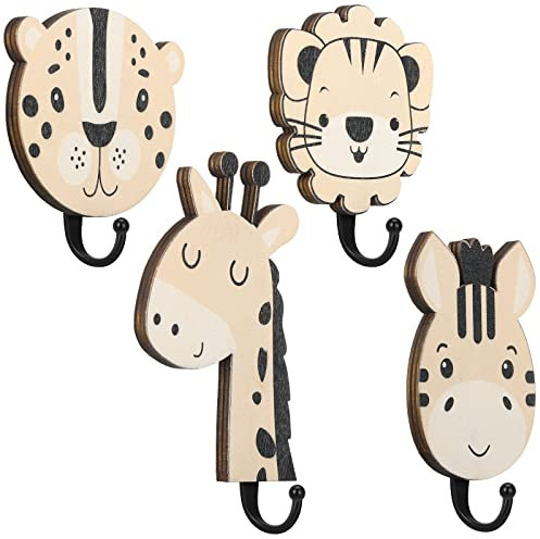 4 Stück Safari-Tier-Wandhaken, dekorative Wandhaken, Kinder-Wandhaken, dekorative Holz-Dschungel-Tier-Wandhaken, Tier-Kinderzimmer-Haken, Holz-Giraffe, Schlafzimmer, Heimdekoration