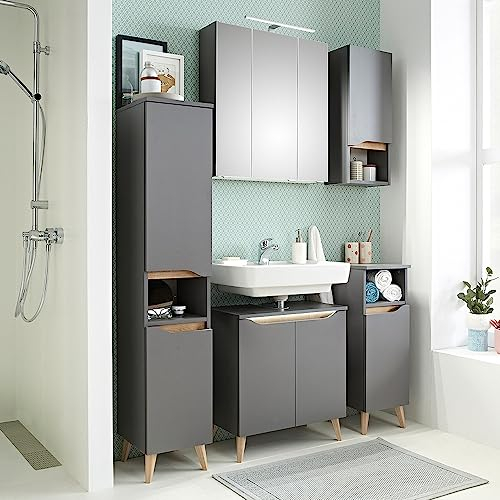 Lomadox Badezimmer Set mit Füßen in Holzoptik und Griffbeleuchtung in Quarzgrau Matt Touch mit Riviera Eiche Nb., B/H/T ca. 140/190/33 cm