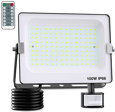 FEAHRZEUG 100W Security Lights Outdoor Motion Sensor 10000 Lumen PIR Light with Remote Control IP66 Waterproof Motion Sensor Flood Garden Light Security Perfect for Forecourt Backyard Garages