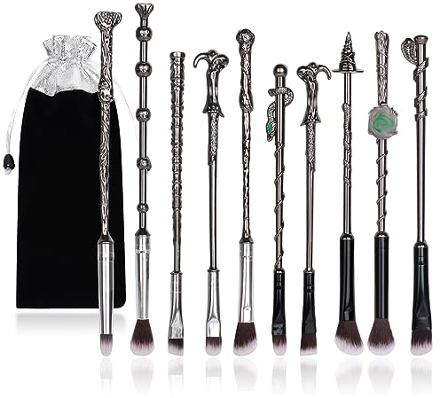 10-teiliges Make-up-Pinsel-Set, 3D-Silbergriff, Zauberer-Metallstab mit Themen-Tasche, Kosmetikpinsel für Puder, Lidschatten, tragbares Make-up-Pinsel-Set, Geschenk für Mädchen und Frauen (Silber)
