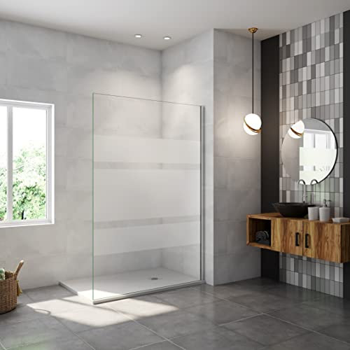 AICA paroi de douche à l'italienne 140x190cm en 6mm verre avec bandes horizontales sérigraphiées, paroi latérale fixe sans receveur de douche
