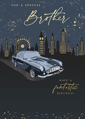 Paperlink 'Special Brother' Geburtstagskarte für Männer – Oldtimer und Skyline der Stadt mit Goldfolie – umweltfreundlich und recycelbar