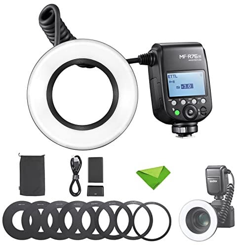 Godox MF-R76N Flash macro anulare TTL 76Ws HSS 2.4G wireless GN14 CCT 5900K 550 flash a piena potenza, tempo di ricarica 0,1-1s Lampeggiatore a doppio flash
