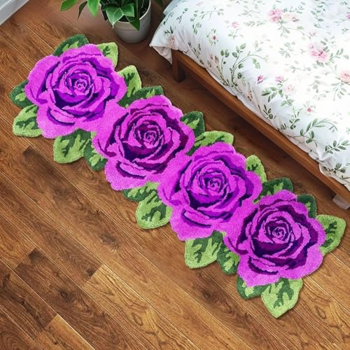 USTIDE Flauschiger Rosen-Bodenläufer, lila, weicher zotteliger Rosen-Läufer, Teppich, handgefertigter Teppich, moderne Teppiche, waschbare Fußmatten für Wohnzimmer, Waschküche, Flur und Badezimmer