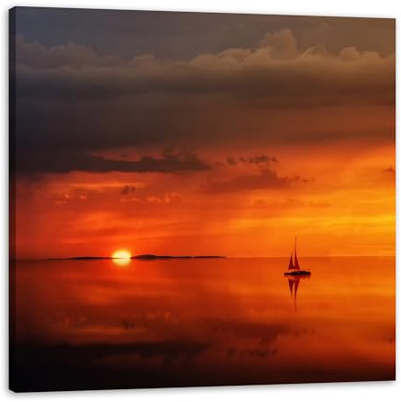 GP TONER Leinwandbild Wanddekoration Modern Kunstdruck quadratisch Leinwanddruck Natur Sonnenuntergang Schiff 80x80 cm Leinwandbild Modern Kunstdruck Wandbilder