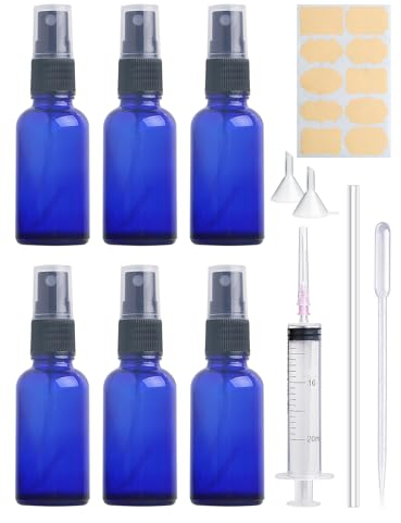 Realure Lot de 6 flacons pulvérisateurs bleus de 50 ml - Petit flacon pulvérisateur en verre avec goutte à goutte - Rechargeables - Vaporisateurs vides - Vaporisateur portable - Petit flacon