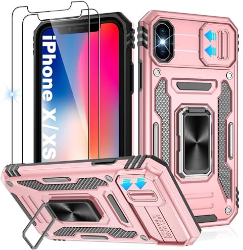 Jshru for iPhone X Case with Screen Protector [2 Pack] and Slide Camera Cover,Shockproof iPhone XS Case,Ring Kickstand Phone Cover for iPhone X/XS,Rose Gold