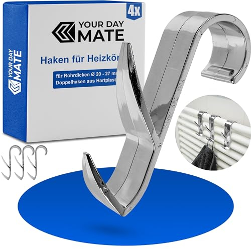 Mehrzweckhaken für Rundheizkörper, 4 Stück, Chrom-Hochglanz, Heizkörperhaken für Rohrdicken Ø 20 - 27 mm, Bad Heizkörper Haken, Handtuchhaken, Hakenclip Handtuch, Bademantel, Aufhänger Handtuchhalter