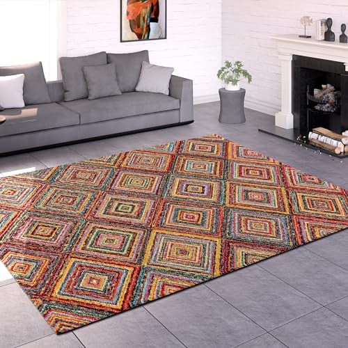 Paco Home Teppich Wohnzimmer Schlafzimmer Kurzflor Ethno Design Geometrisches Muster Rauten Motiv Moderne Deko, Grösse:240x340 cm, Farbe:Bunt 2