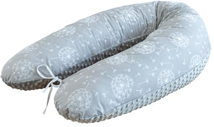 LOOLAY Schwangerschaftskissen - Stillkissen 190 cm - Seitenschläferkissen 100% Baumwolle - mit Abnehmbarem Minky Bezug - Ergonomisches Schwanger Kissen für Schlafen (Pustelblume Grau/Minky Grau)