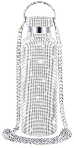 BRIOTA Bling Diamond Water Bottle, 750ml Stainless Steel Water Bottle with Chain, Silver Double-Liner Vacuum Insulated Bottles, Shiny Diamond Thermal Bottle for Women and Girls Gifts