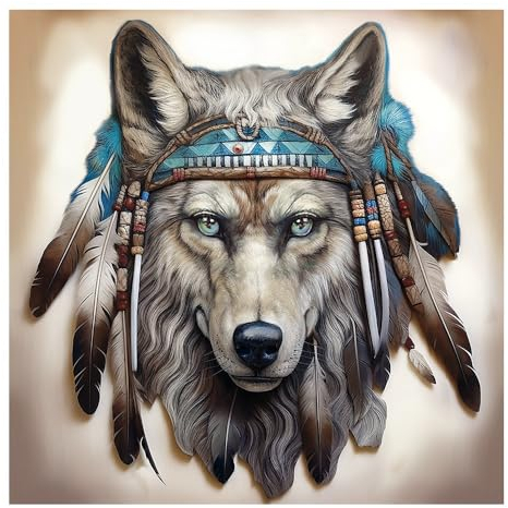 Ideen mit Herz 5D Diamond Painting | Diamant Painting Set | Motiv: 30 x 30 cm | Leinwand: 35 x 35 cm | DIY | Steinchen | inkl. Zubehör | Design-Variationen (Wolf mit Kopfschmuck)